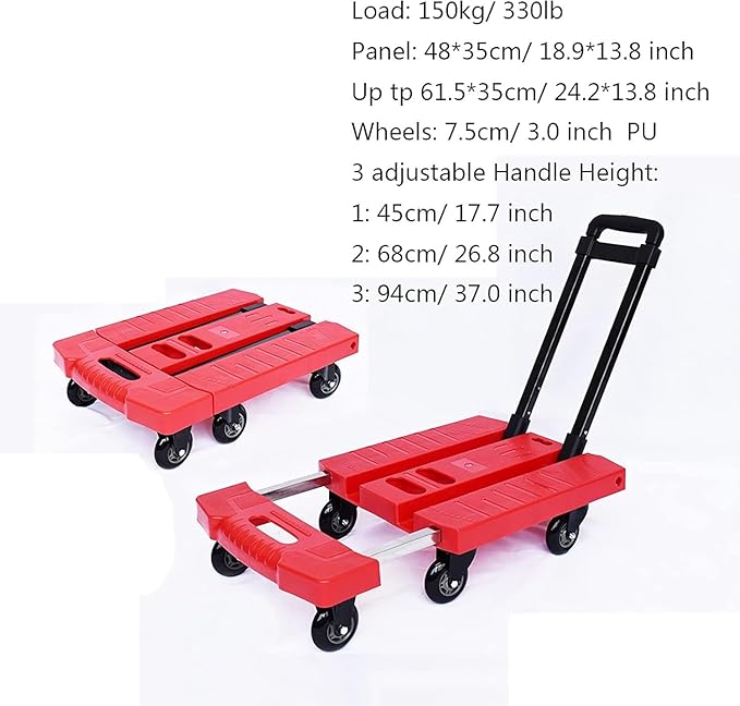 Heavy Duty Folding Hand Truck - 330 Lbs Capacity 6-Wheel Flatbed Trolley with Extendable, Portable Utility Cart for Home, Office, Travel & Shopping Red 3inch-Mute