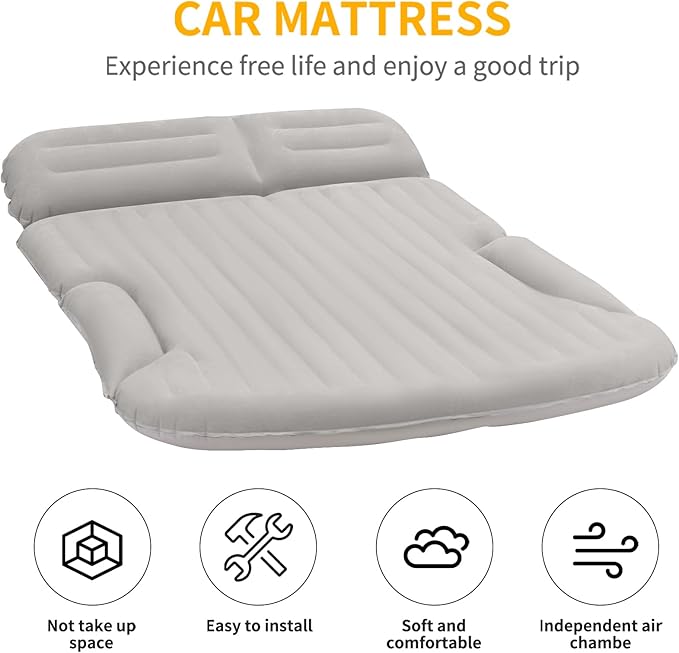 KMZ SUV Air Mattress Thickened and Double-Sided Flocking Travel Camping Bed with 2 Pillows & Electric Pump Dedicated Mobile Cushion Inflatable Bed for SUV Trunk and Rear Seat (Light Gray)