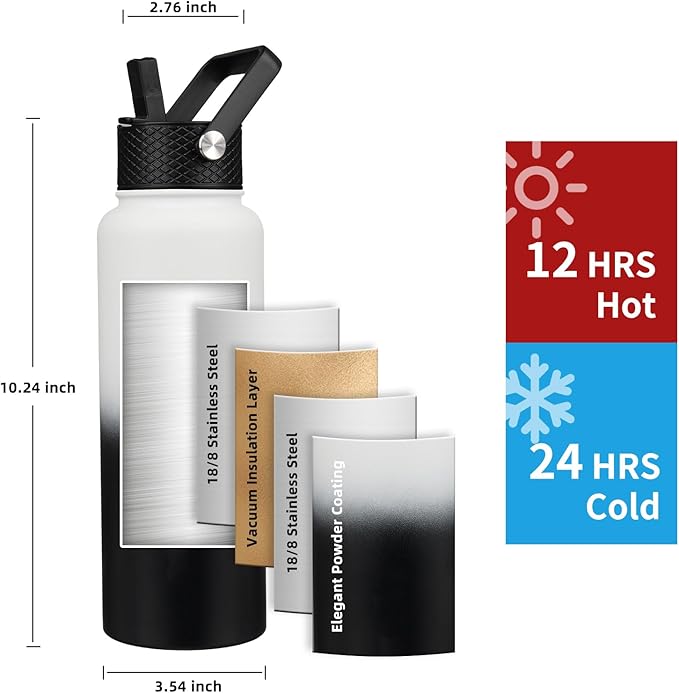 Insulated Water Bottle 40oz,Triple Wall Vacuum Stainless Steel(Dishwasher Safe),Leak Proof & Non-BPA,Flask Jug with Paracord Handle & Straw Spout Lids Sports Gradient black