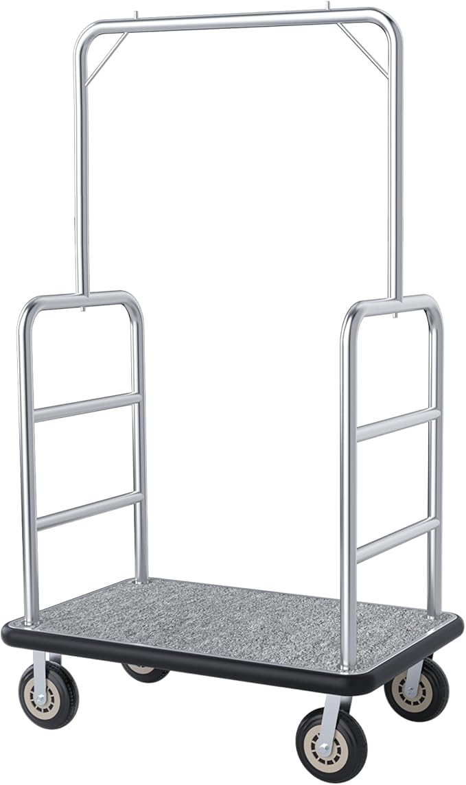 Heavy Duty Luggage Cart - 8" Wheels with Brackets, Commercial Grade Hotel Luggage Trolley, Deluxe Rectangular Steel Bellman Cart with Platform for Hotels Us