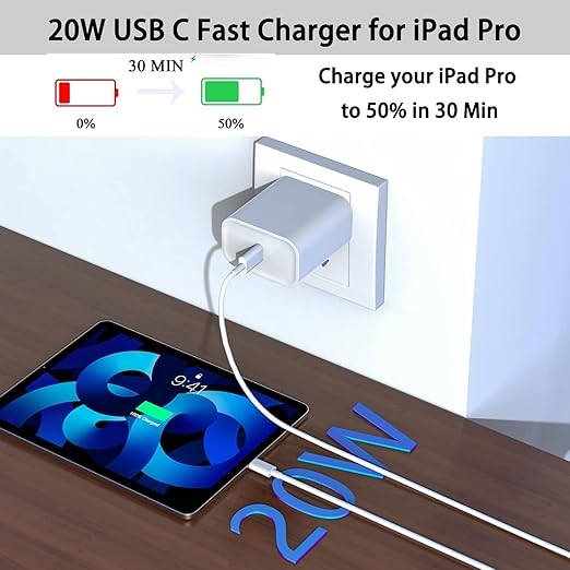Fast iPad Charger,iPad Charger Fast Charging Wall Chargers Plug Adapter and Type C USB C to C Cable Cord 10FT Type C to C for iPad Pro 13/12.9/11,iPad Air 6th/5th/4th,Mini 7/6th,i-Pad 11/10