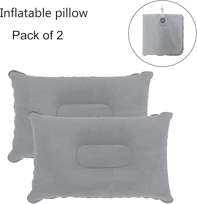 2 Pack Ultralight Inflatable Pillow Small Squared Flocked Fabric Air Pillow for Beach Hiking,Camping,Traveling,Napping,Desk Rest,Neck &Lumbar Support(Gray)