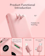 VRURC Portable Charger 20000mAh, Fast Charging Power Bank USB C,4 Output 2 Input Travel Essentials Charging Bank Equipped with LED Display,Built-in Wall Plug and Cables,Phone Charger Battery,Pink