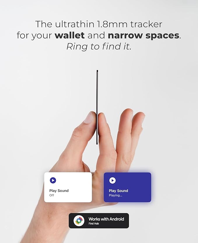 Rhinokey® Wallet Tracker Card,(Android Only) 0.07in Slim Rechargeable Airtag Card Tracker Works with Google's Find Hub IP68 Waterproof Tag Item Finder with Key Chain Hole for Luggage Tags Purse