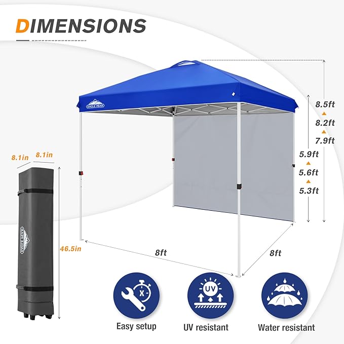 EAGLE PEAK Pop Up Canopy Tent with 1 Sidewall, Easy Setup Event Tent, Outdoor Sun Shade, Wheeled Carry Bag, Stakes and Guy Ropes, Instant Canopy 8x8, Blue