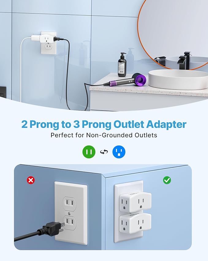 2 Prong to 3 Prong Outlet Adapter, VINTAR 2 Prong Power Strip with 3 AC Outlets (1875W/15A), Polarized Plug, Wall Plug Extender for Non-Grounded Outlet in Old House, Cruise Essentials, 4 Pack