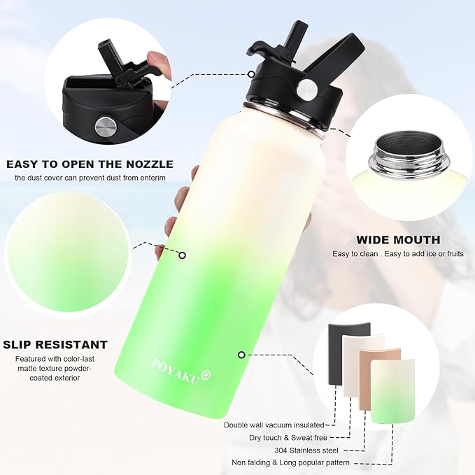 Water Bottle Insulated 32oz 40oz 64oz 128oz Straw Lid Spout Lid & 3 Lids, Leak Proof, Vacuum Insulated,Stainless Steel Water Bottle Wide Mouth for Sports, Gym or Office