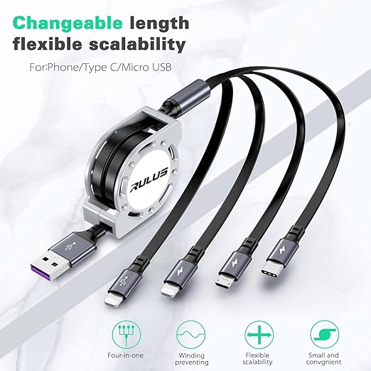 4 in 1 Multi Charging Cable [2Pack 4Ft], Retractable Multi Fast Charger Cable Adapter Travel Charger for Multiple Devices with Lightning/Type C/Micro USB Ports for iPhone/Samsung Galaxy/Tablets/More