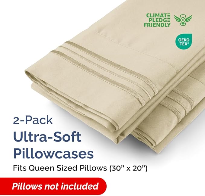 Queen Pillow Cases Set of 2 - Ultra Soft Hotel Quality Pillowcase Covers - Luxury Comfy Bedding for Women, Men, Kids and Teens - Machine Washable Pillow Protectors - 2 Pieces Set - Queen Size Cream