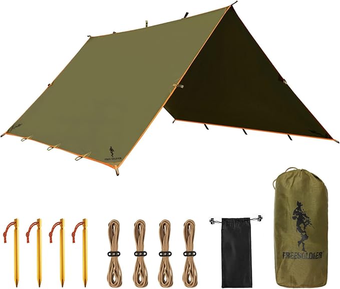FREE SOLDIER Camping Tarp Waterproof Portable Multifunctional Outdoor Camping Traveling Awning Backpacking Shelter Rain Tarp (Brown 10×13ft)