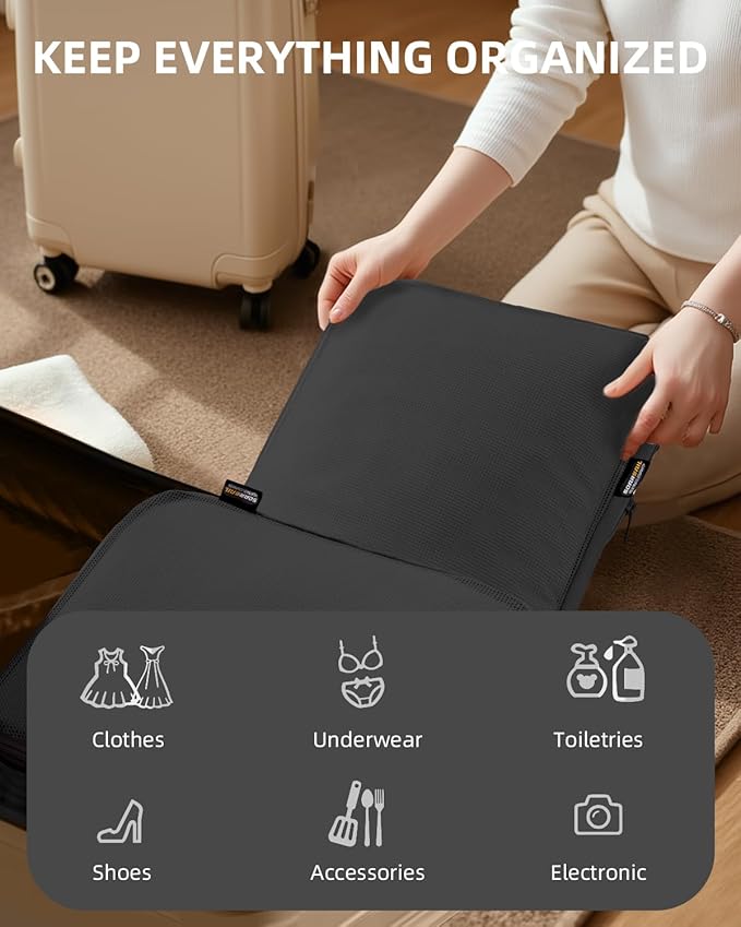 6 Set Compression Packing Cubes, Suitcase Storage Bags for Clothes and Travel Essentials (Pure Black)