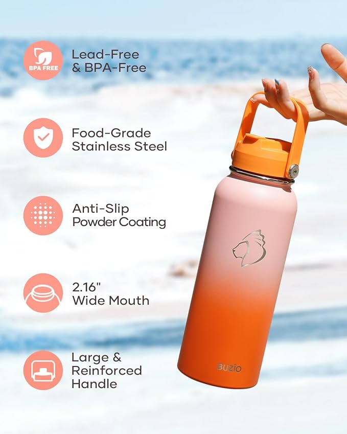 BUZIO 40oz Insulated Water Bottle, Stainless Steel Water Flask with Straw Lid and carrying pouch, Keep Cold 48h Leak Proof Double Wall Vacuum Travel Mug Metal Canteen for Gym Beach, Gradient Orange