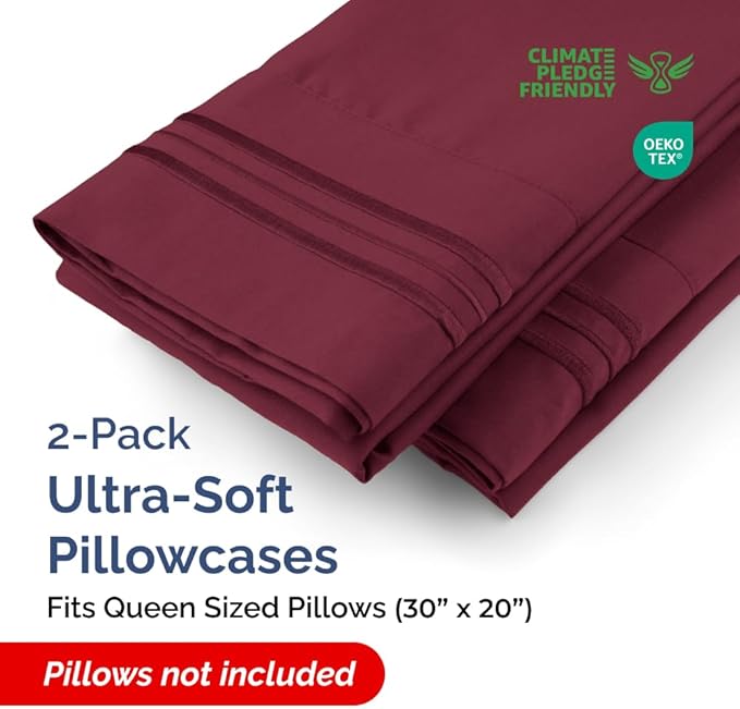 Queen Pillow Cases Set of 2 - Ultra Soft Hotel Quality Pillowcase Covers - Comfy Cozy Bedding for Women, Men, Kids and Teens - Machine Washable Pillow Protectors - 2 Pieces Set - Queen Size Burgundy