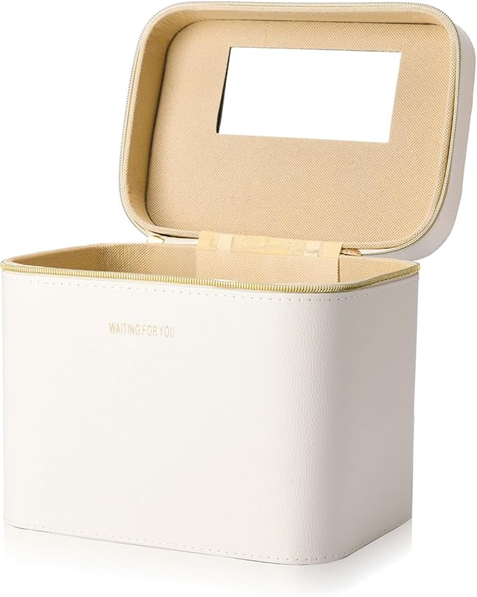 Hard white makeup box, Portable leather hard cosmetic case with mirror, Professional train case make up box for women adults. (Monolayer - white