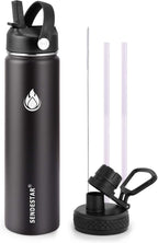 SENDESTAR Insulated Water Bottle 24 OZ, Wide Mouth 24 oz Water Bottle with Straw Lid, Spout Lid, Double Wall Vacuum Stainless Steel Leak Proof, Keeps Liquids Hot or Cold (Black)