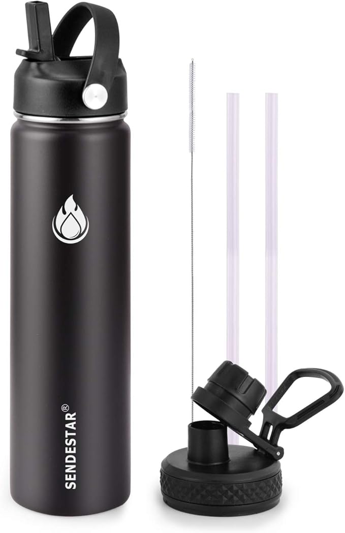 SENDESTAR Insulated Water Bottle 24 OZ, Wide Mouth 24 oz Water Bottle with Straw Lid, Spout Lid, Double Wall Vacuum Stainless Steel Leak Proof, Keeps Liquids Hot or Cold (Black)