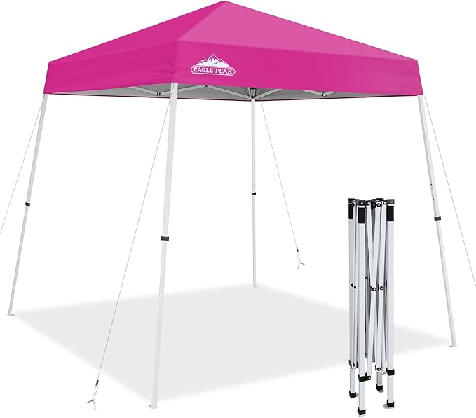 EAGLE PEAK 8x8 Slant Leg Pop-up Canopy Tent Easy One Person Setup Instant Outdoor Beach Canopy Folding Portable Sports Shelter 8x8 Base 6x6 Top (Pink)