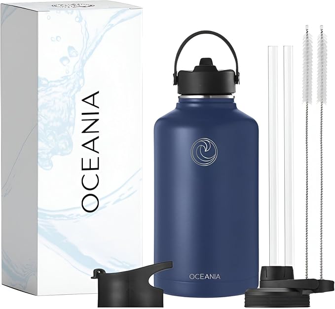 Oceania Flask 64oz Stainless Steel Water Bottles | Modern, Leakproof, Vacuum Insulated with 3 Lids, 3 Straws & 2 Straw Cleaning Brushes | Simple Lightweight Camping & Hiking Hydration Canteens