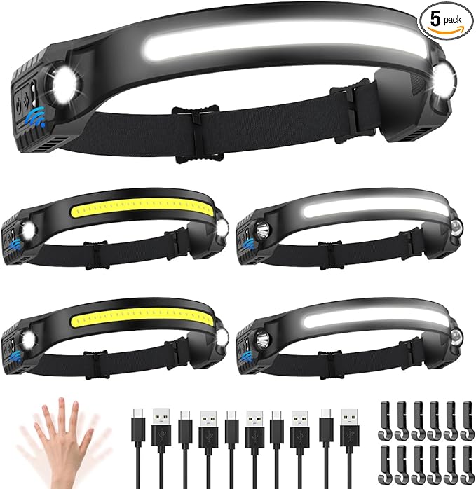 Headlamp Rechargeable 5Pack, 230° Wide Beam Head Lamp with 2 Spotlights, LED Headlamp with Motion Sensor, 5Mode Rechargeable Headlamp, Head Lights for Forehead, Headlamps for Adults Running Hard Hat