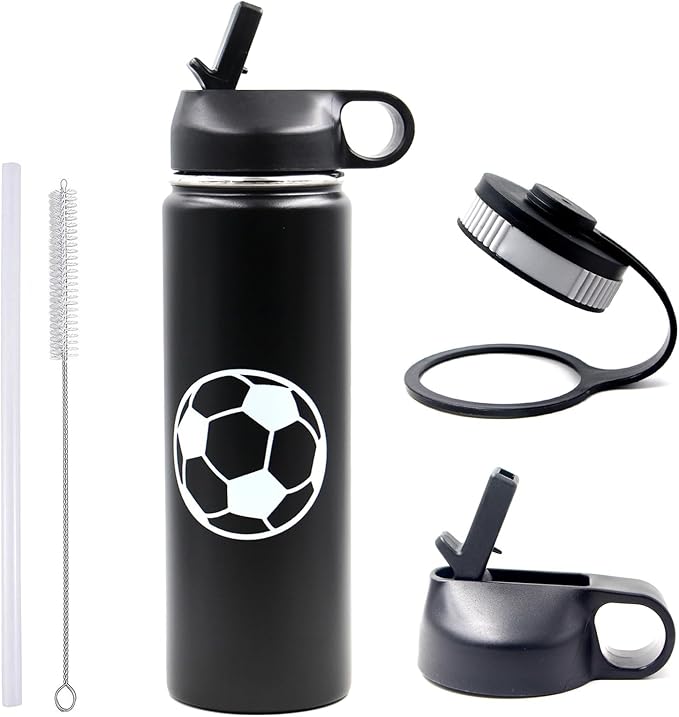 22 oz Soccer Water Bottle, Sports Flask Metal Thermo Travel Tumbler with 2 Lids, BPA Free 18/8 Stainless Steel Leak Proof Double Wall Vacuum Insulated Water Bottles, Soccer Gifts for Boys Girls Player