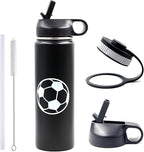 22 oz Soccer Water Bottle, Sports Flask Metal Thermo Travel Tumbler with 2 Lids, BPA Free 18/8 Stainless Steel Leak Proof Double Wall Vacuum Insulated Water Bottles, Soccer Gifts for Boys Girls Player