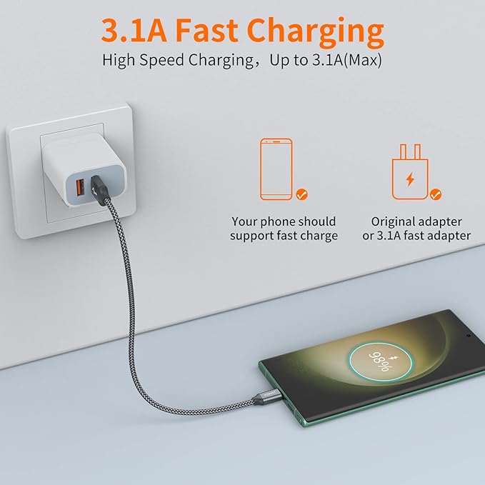 JXMOX Short USB C Cable (0.5ft 3-Pack), USB A to Type-C Charger Cord 3.1A Fast Charging Compatible with iPhone 15 16 Pro Max, Samsung Galaxy S20 S10 S9, Note 10 9, A80 A70 A50 A40, Power Bank (Grey)
