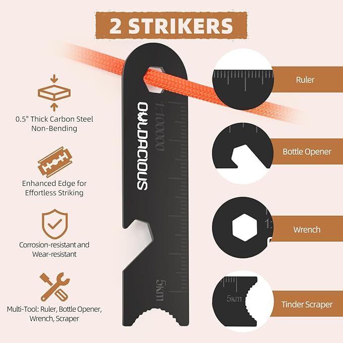 Fire Starter Survival Kit – 4 Ferro Rods (4", 3.2", 2×2.4"), 2 Strikers, 2 Tinder Wicks (13" Each), and 2 Paracords (40“ Each). Flint and Steel Emergency Tool.