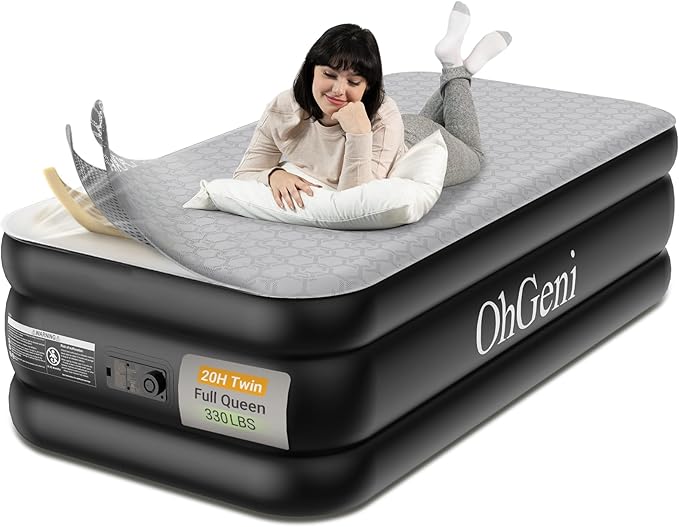 OhGeni 20" Luxury Twin Air Mattress with Built-in Pump, Inflatable Bed with Silk Foam Topper for Superior Comfort, Premium Blow-Up Mattress for Home, Camping & Guests, Easy Setup, Extra Support, Black