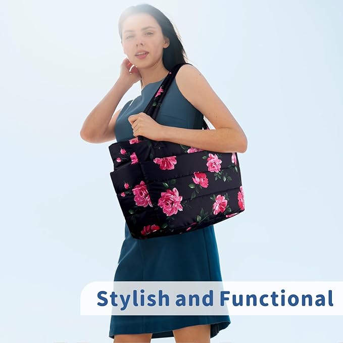 TOPDesign Puffer Tote Bag for Women, Lightweight Puffy Handbag with Compartments, Quilted Shoulder Bag for Work, Travel, Gym