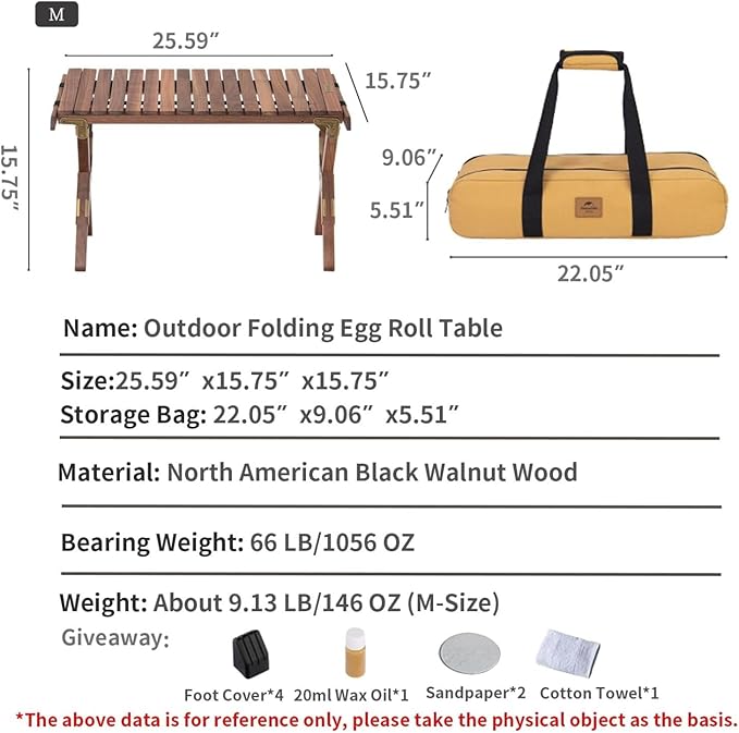 Naturehike Camping Folding Table, Roll-Up Table with Carry Bag, Portable Wood Outdoor Table for Low Picnic, Beach, Camping, Travel, Party, Beach, Garden, Backyard BBQ, Black Walnut Wood