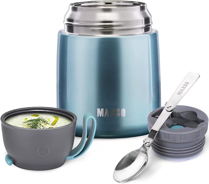 MAXSO Soup Thermo for Hot & Cold Food for Adults Kids, 17 oz Vacuum Insulated Steel Lunch Container Bento Box with Spoon, Leakproof Thermal Food Jar for School Office Travel - Shinny Blue