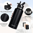 Water Bottle Insulated 32oz 40oz 64oz 128oz Straw Lid Spout Lid & 3 Lids, Leak Proof, Vacuum Insulated,Stainless Steel Water Bottle Wide Mouth for Sports, Gym or Office