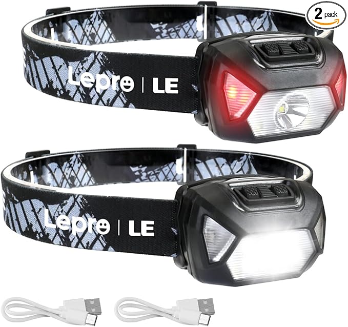 LE Headlamp Rechargeable, LED Head Lamp with 6 Modes for Camping & Hiking Gear Essentials, IPX4 Waterproof High Lumen Bright Headlight Flashlights with Adjustable Headband, USB Cable Include