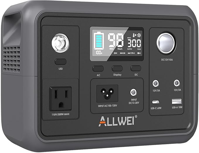 Portable Power Station 300W (Peak 600W), ALLWEI 256Wh Solar Generator with 60W USB-C PD Output, 110V Pure Sine Wave AC Outlet Backup LiFePO4 Battery for Outdoors Camping Travel Home Blackout