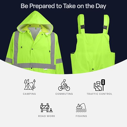 Global Glove FrogWear GLO-8000 Unisex High-Visibility Rain Suit, Lightweight Three-Piece Rain Gear with Waterproof Jacket, Bibs, and Detachable Hood – Neon Yellow, 5X-Large
