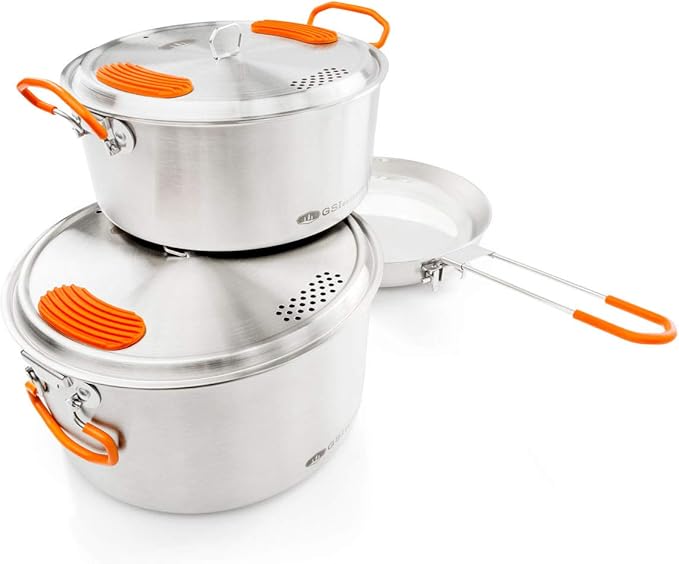 GSI Outdoors Glacier Stainless Steel Base Camper - Medium - 3 Pieces Cookset - Compact, & Durable Pot Pan for Camping