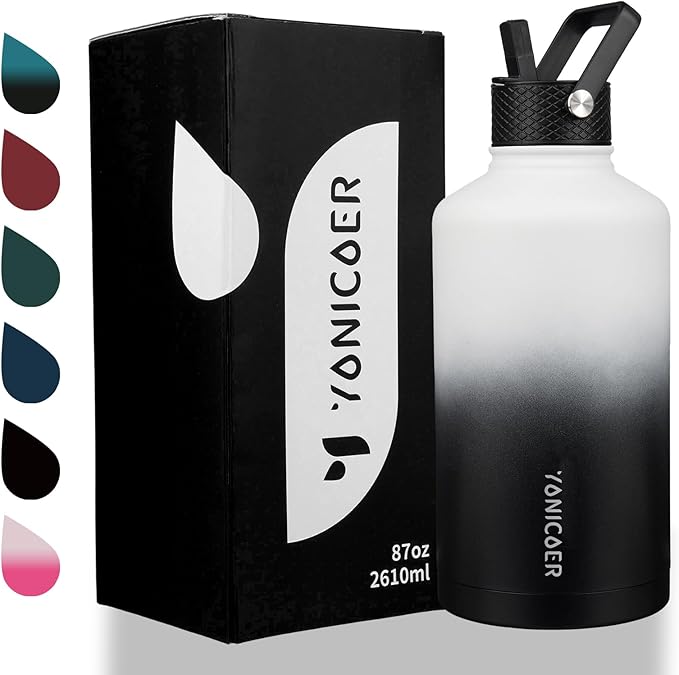 Insulated Water Bottle 87oz,Triple Wall Vacuum Stainless Steel(Dishwasher Safe),Leak Proof & Non-BPA,Flask Jug with Paracord Handle & Straw Spout Lids Sports Gradient black