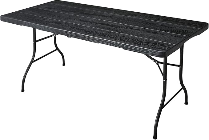 6ft Folding Table, Portable Heavy Duty Plastic Fold-in-Half Utility Table for Indoor/Outdoor Use, Dining, Camping, Picnic, Party, Black Woodgrain
