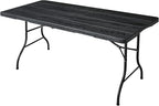 6ft Folding Table, Portable Heavy Duty Plastic Fold-in-Half Utility Table for Indoor/Outdoor Use, Dining, Camping, Picnic, Party, Black Woodgrain