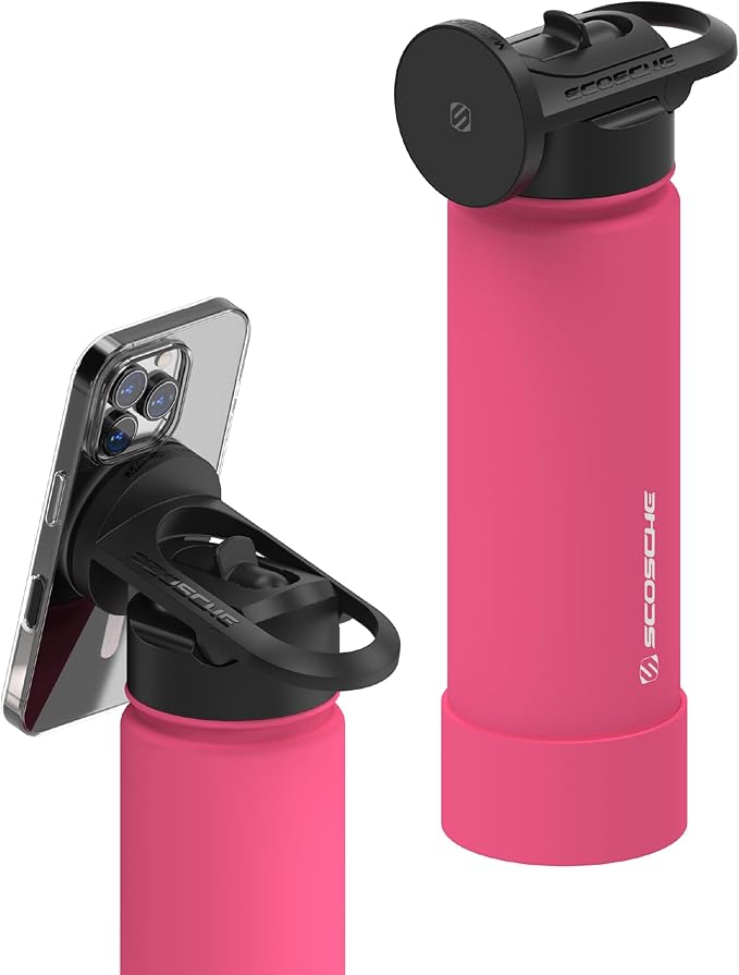 Scosche MFMS22 MagicMount Flask 22 oz Stainless Steel Water Bottle with MagSafe Phone Mount Stand, 12H Hot & 24H Cold Insulated Flask with Magnetic Phone Holder for Gym, Car, Travel, Sports 22oz, Pink