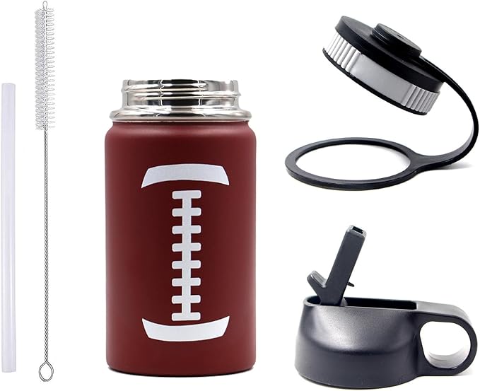 12 oz Football Water Bottle, Sports Cup Flask Metal Thermal Travel Mug with 2 Lids, Stainless Steel Double Wall Vacuum Insulated Leak Proof Water Bottles, Football Accessories Gifts for Mom Boys Girls