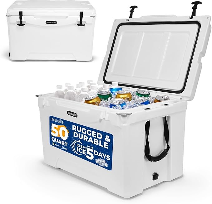 SereneLife Ultra-Tough 25-75 Quart Rotomolded Cooler Box, Holds Upto 64 Cans, Keeps Ice Up to 5 Days, Heavy-Duty Insulated Portable Ice Chest Box, Ideal for Camping, Beach, Picnics, Tailgating, etc