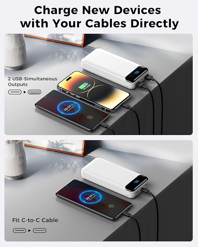 Portable Charger Power Bank 40000mAh Powerbank PD 30W and QC 4.0 Fast Charging External Battery Pack with USB-C LED 3 Outputs & 2 Inputs Portable Charging for iPhone 15 14 13 (White)