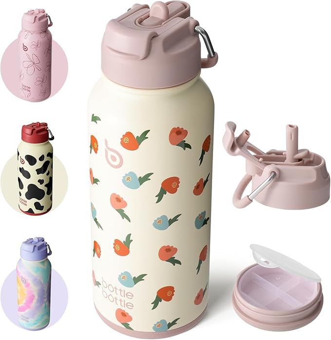 BOTTLE BOTTLE 32oz Insulated Water Bottle Stainless Steel Sport Water Bottle with Straw Dual-use Lid Design for Gym with Pill Box