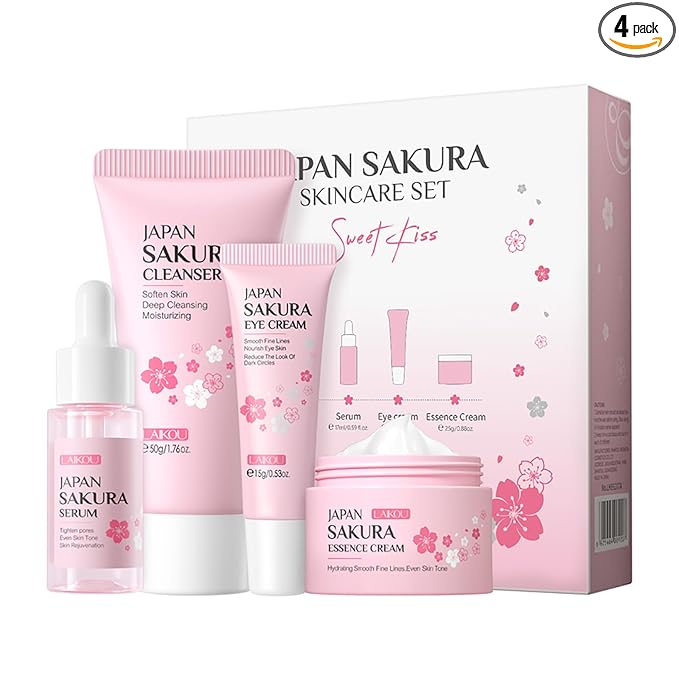 Skin Care Set JAPAN SAKURA Beauty Gift Sets Skin Care Kit with Cleanser, Serum, Eye Cream, Face Cream Travel Kit for Women Mom Wife Teen Girls Gentle Skin Cleaning TSA-friendly Sizes 4pcs