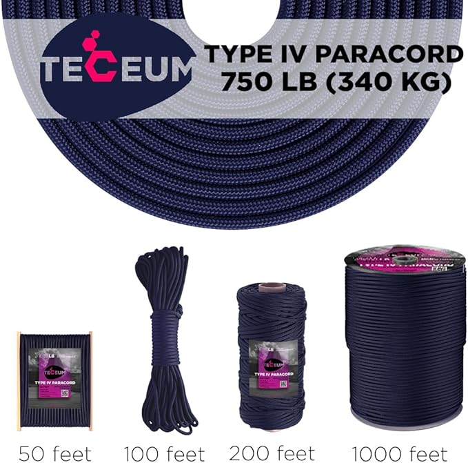 TECEUM 5/32" Paracord Rope 1000 – 1000ft / 200ft / 100ft / 50ft – Tactical Parachute Cord 4mm – 45+ Colors – Nylon String for Survival & Camping Gear – Stripe Cord for Survival – Utility Rope