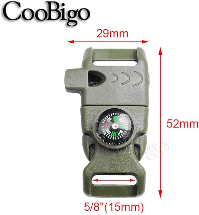 10Pack 5/8" Compass Whistle Buckle Plastic Paracord Bracelet Outdoor Camping Emergency Survival Travel Kits (OD Green)