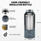 Insulated Water Bottle 32 oz, Triple Wall Vacuum Stainless Steel (Cold for 48 Hrs), Leak Proof & Non-BPA, Modern Water Flask Jug with Paracord Handle & Straw Spout Lids, Dark Grey