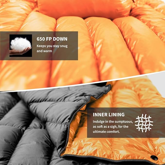 ZOOOBELIVES Ultralight Down Camping Blanket - 1.35lbs, 650 Fill Power Puffy Quilt. Compact & Warm Comforter for Travel, Beach, Hammock, Backpacking - Elevate Your Outdoor Comfort - AlpliveR300