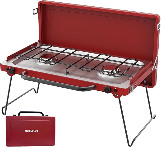 CAMPLUX Safari 2 Burner Propane Camping Stove 20,000 BTU, Portable 2 Burner Propane Camping Grill Stove with Foldable Legs, Push-Button Ignition, CSA Certified Regulator & Hose for Outdoor Cooking
